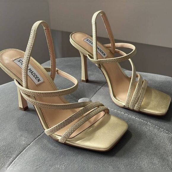 Steve Madden Newsflash Gold Leather Thin Strap Stiletto Open Toe Dress Sandals S - Picture 8 of 8